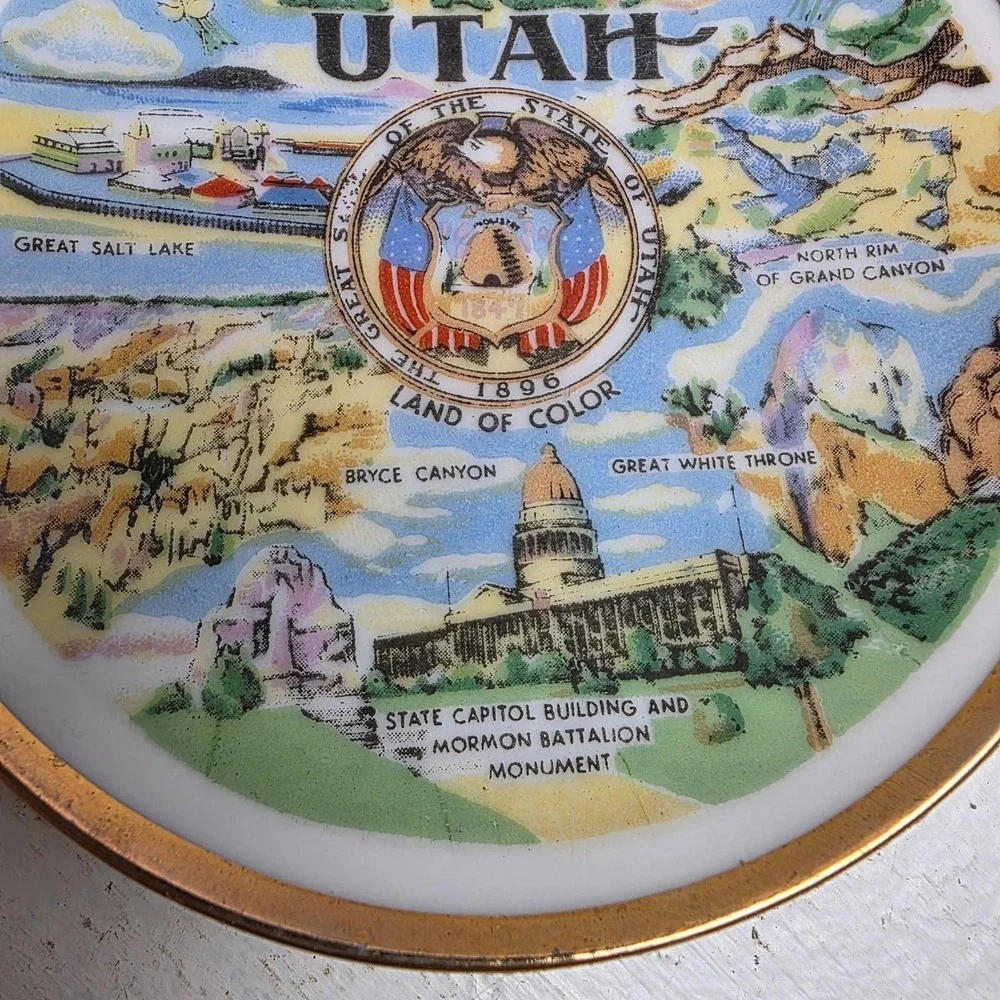 Vintage Utah Mini Souvenir Plate Mormon Pioneers Salt Lake Scenic Gold Rim‎ 4 in